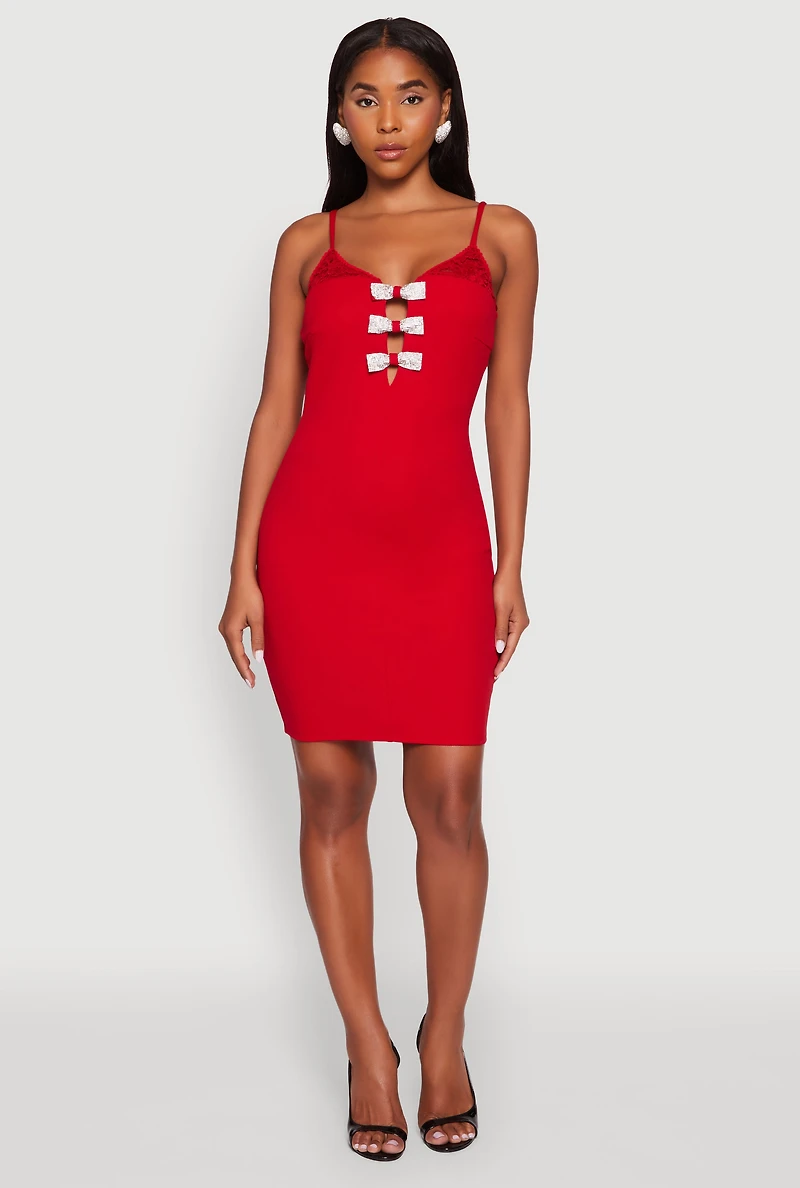 Womens Sleeveless Crepe Knit Mini Dress with Rhinestone Bows, Red, Size S