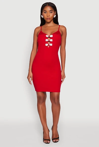 Womens Sleeveless Crepe Knit Mini Dress with Rhinestone Bows, Red, Size S