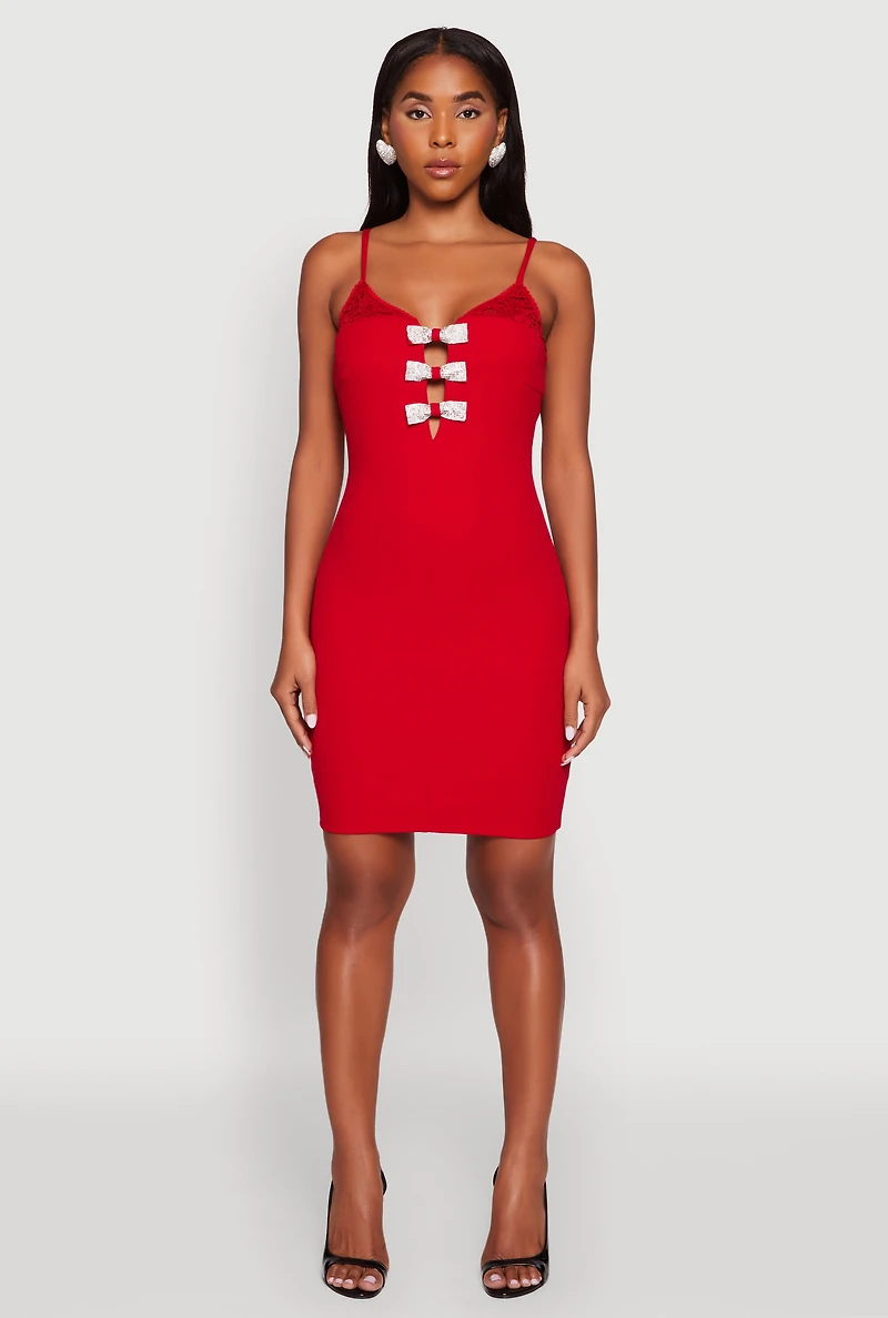 Womens Sleeveless Crepe Knit Mini Dress with Rhinestone Bows, Red, Size S