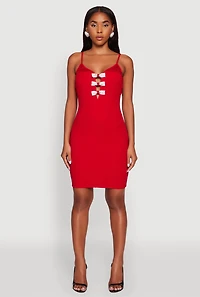Womens Sleeveless Crepe Knit Mini Dress with Rhinestone Bows, Red, Size S