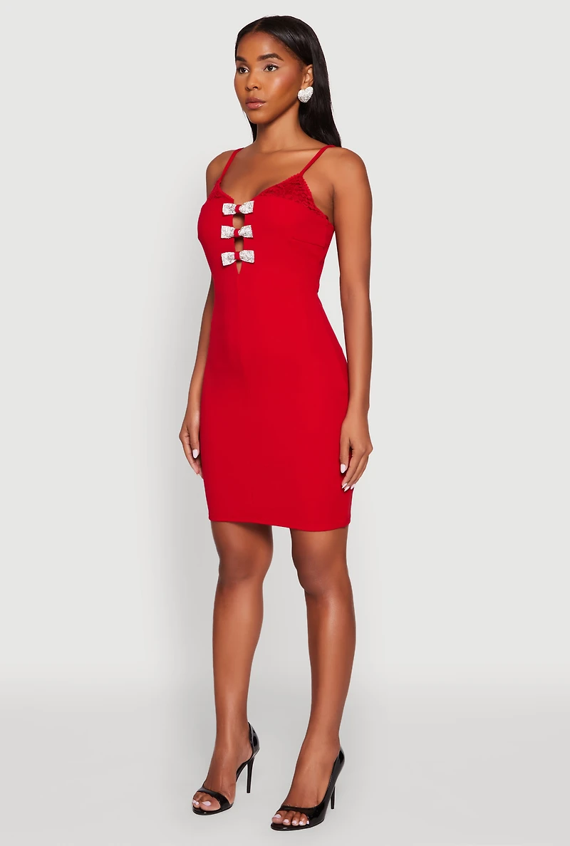 Womens Sleeveless Crepe Knit Mini Dress with Rhinestone Bows, Red, Size S