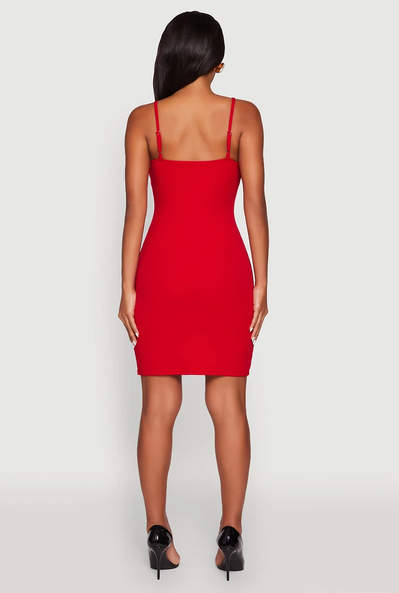 Womens Sleeveless Crepe Knit Mini Dress with Rhinestone Bows, Red, Size S