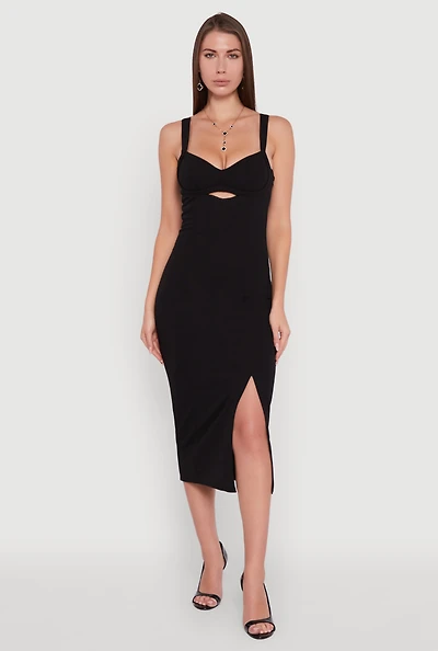 Womens Padded Cups V Neck Midi Dress with Keyhole, Black,