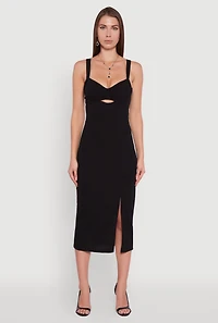 Womens Padded Cups V Neck Midi Dress with Keyhole, Black,
