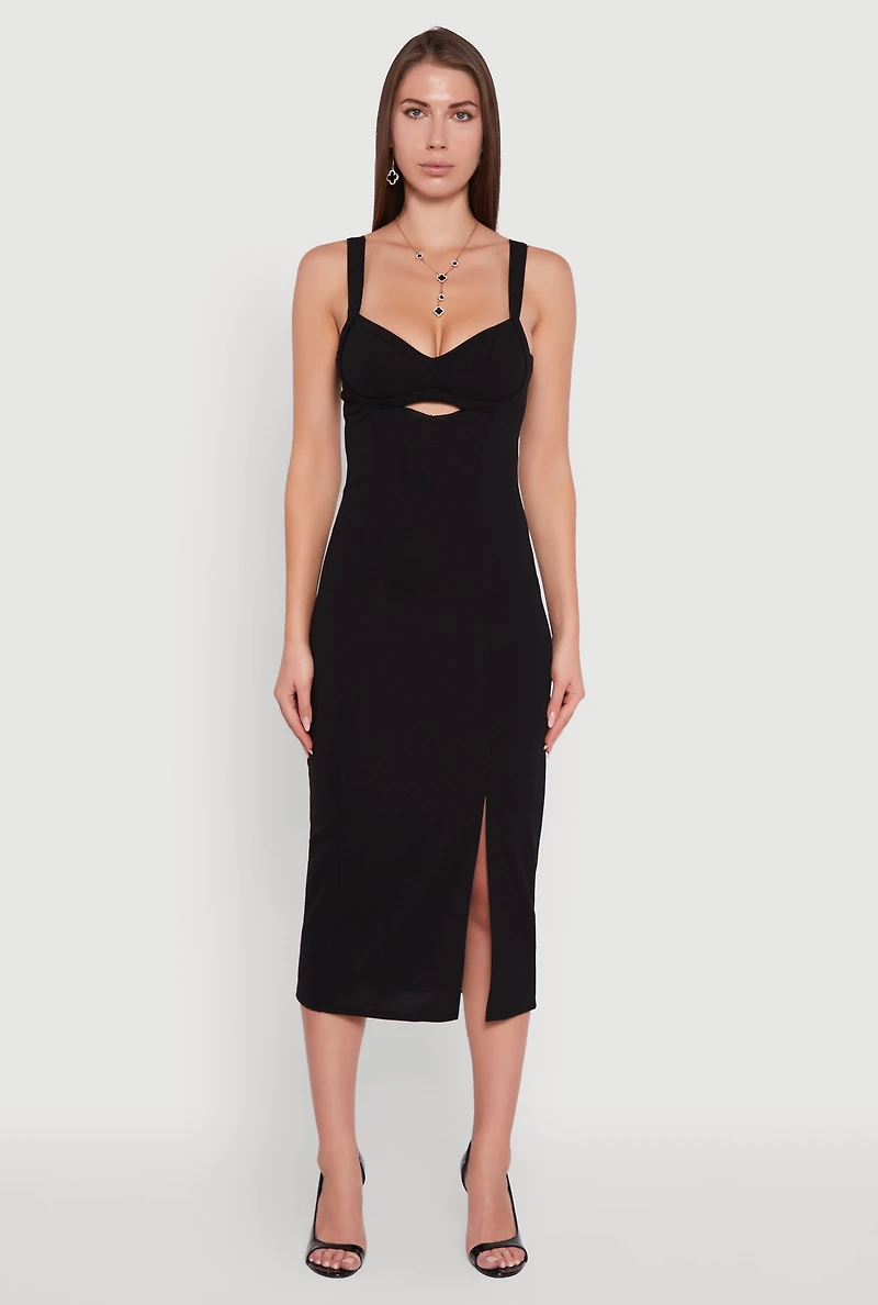 Womens Padded Cups V Neck Midi Dress with Keyhole, Black,