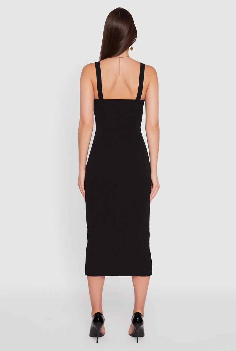 Womens Padded Cups V Neck Midi Dress with Keyhole, Black,
