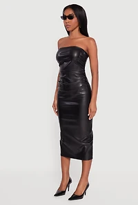 Faux Leather Ruched Side Tube Midi Dress