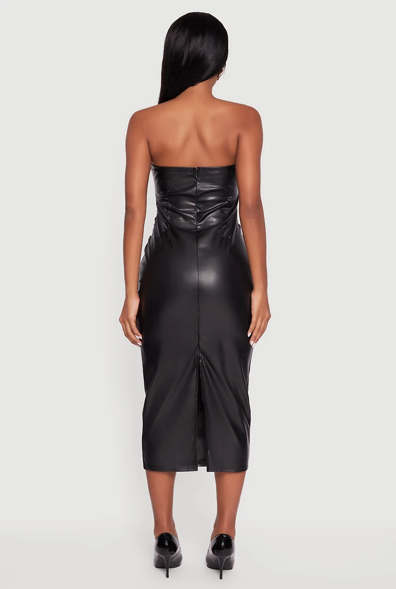Faux Leather Ruched Side Tube Midi Dress