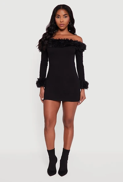 Womens Faux Fur Trim Off The Shoulder Mini Dress, Black, Size S