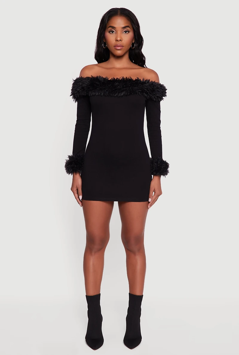 Womens Faux Fur Trim Off The Shoulder Mini Dress, Black, Size S