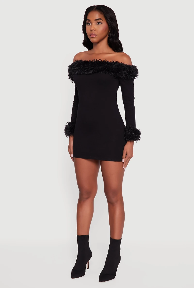 Womens Faux Fur Trim Off The Shoulder Mini Dress, Black, Size S