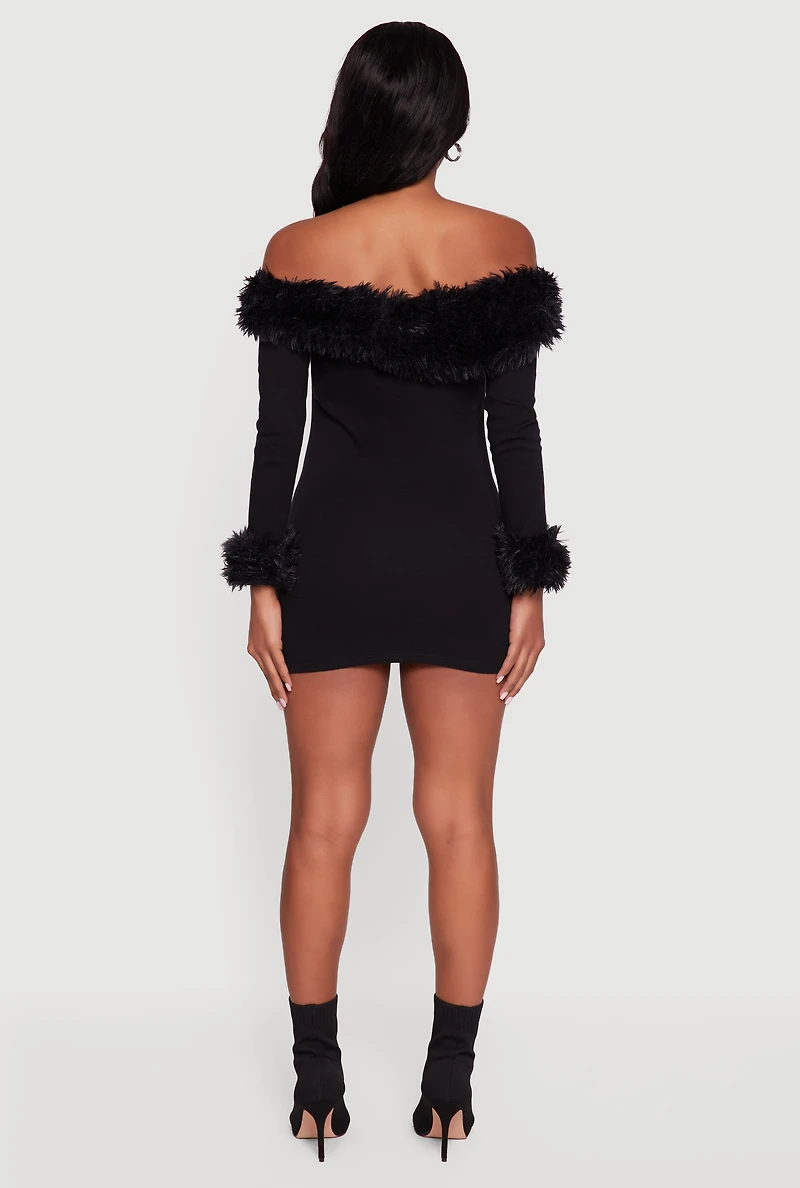 Womens Faux Fur Trim Off The Shoulder Mini Dress, Black, Size S