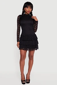 Womens Long Sleeve Mock Neck Tiered Ruffle Lace Mini Dress, Black, Size XL
