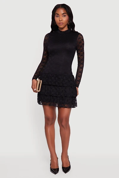 Womens Long Sleeve Mock Neck Tiered Ruffle Lace Mini Dress,