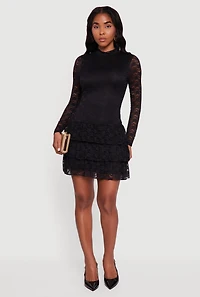 Long Sleeve Mock Neck Tiered Ruffle Lace Mini Dress