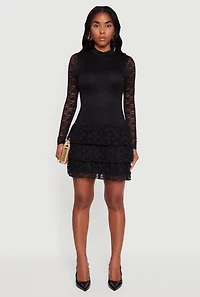 Womens Long Sleeve Mock Neck Tiered Ruffle Lace Mini Dress, Black, Size XL