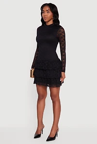Womens Long Sleeve Mock Neck Tiered Ruffle Lace Mini Dress, Black, Size XL