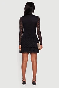 Womens Long Sleeve Mock Neck Tiered Ruffle Lace Mini Dress, Black, Size XL