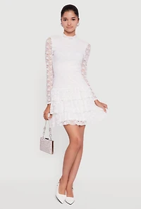 Womens Long Sleeve Mock Neck Tiered Ruffle Lace Mini Dress, White, Size S