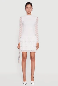 Long Sleeve Mock Neck Tiered Ruffle Lace Mini Dress