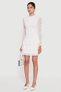 Long Sleeve Mock Neck Tiered Ruffle Lace Mini Dress