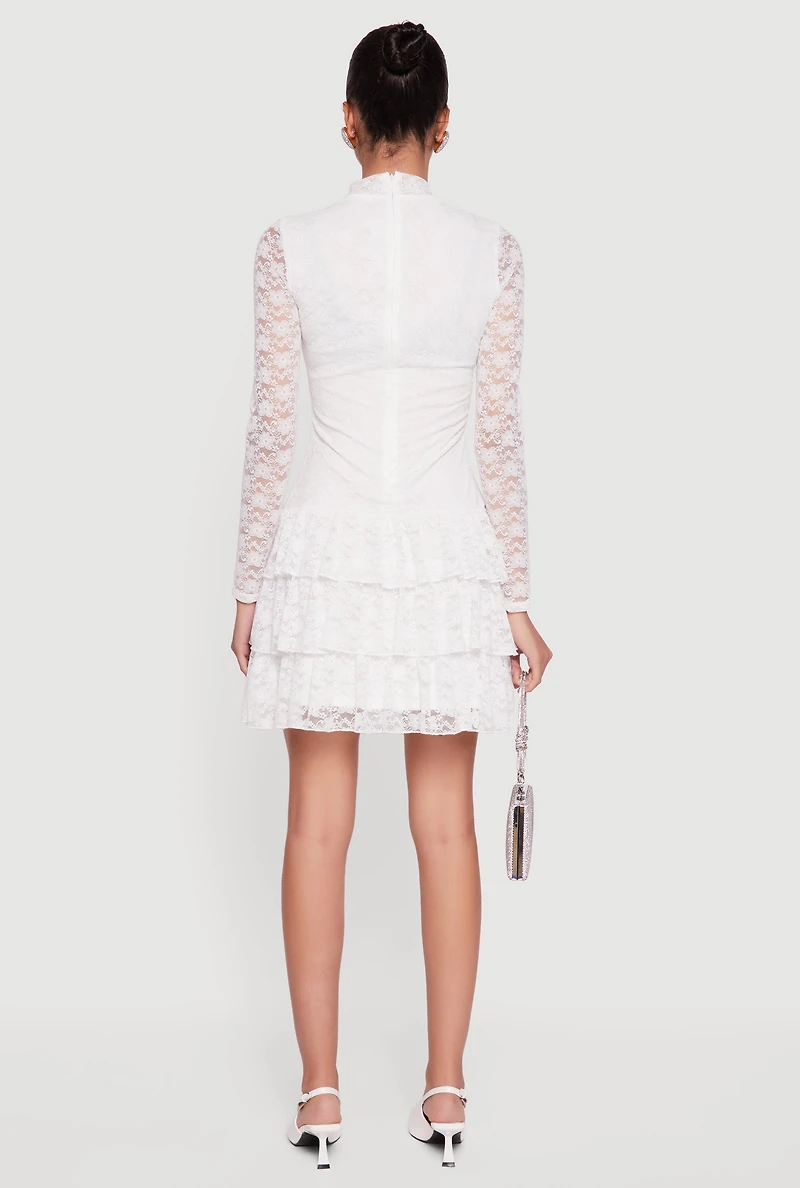 Womens Long Sleeve Mock Neck Tiered Ruffle Lace Mini Dress, White, Size S