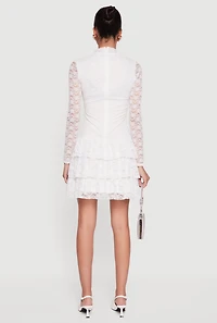 Long Sleeve Mock Neck Tiered Ruffle Lace Mini Dress