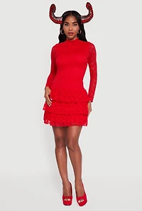 Womens Long Sleeve Mock Neck Tiered Ruffle Lace Mini Dress, Red,