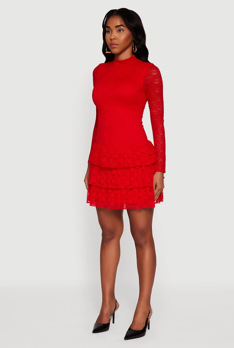 Womens Long Sleeve Mock Neck Tiered Ruffle Lace Mini Dress, Red,