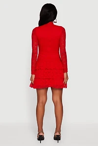 Womens Long Sleeve Mock Neck Tiered Ruffle Lace Mini Dress, Red,