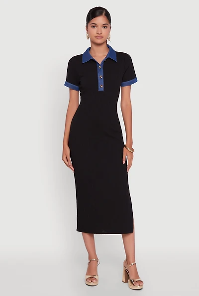 Womens Denim Trim Mid Length Dress with Polo Collar and Side Slit, Black, Size M