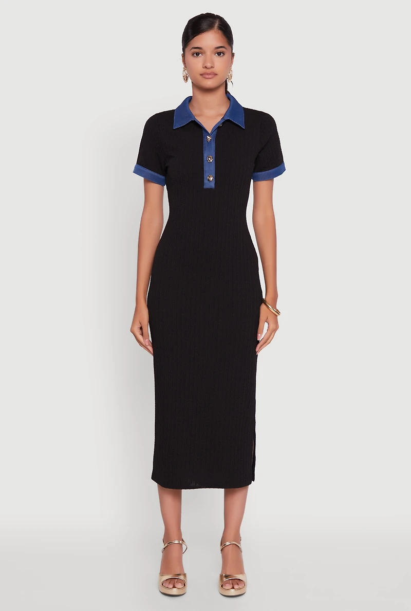Womens Denim Trim Mid Length Dress with Polo Collar and Side Slit, Black, Size M