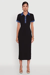 Womens Denim Trim Mid Length Dress with Polo Collar and Side Slit, Black, Size M