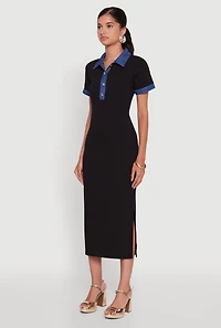 Womens Denim Trim Mid Length Dress with Polo Collar and Side Slit, Black, Size M