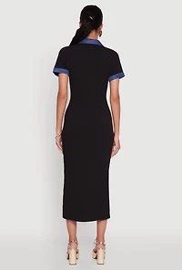 Womens Denim Trim Mid Length Dress with Polo Collar and Side Slit, Black, Size M