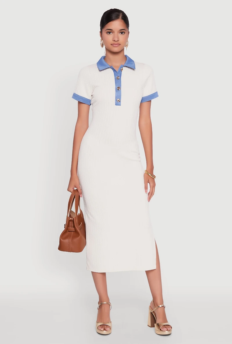 Womens Denim Trim Dress with Polo Collar and Side Slit, White, Size M