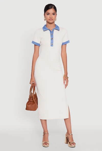 Womens Denim Trim Dress with Polo Collar and Side Slit, White, Size M