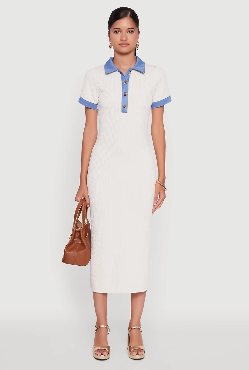 Womens Denim Trim Dress with Polo Collar and Side Slit, White, Size M