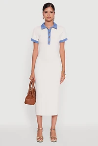 Womens Denim Trim Dress with Polo Collar and Side Slit, White, Size M