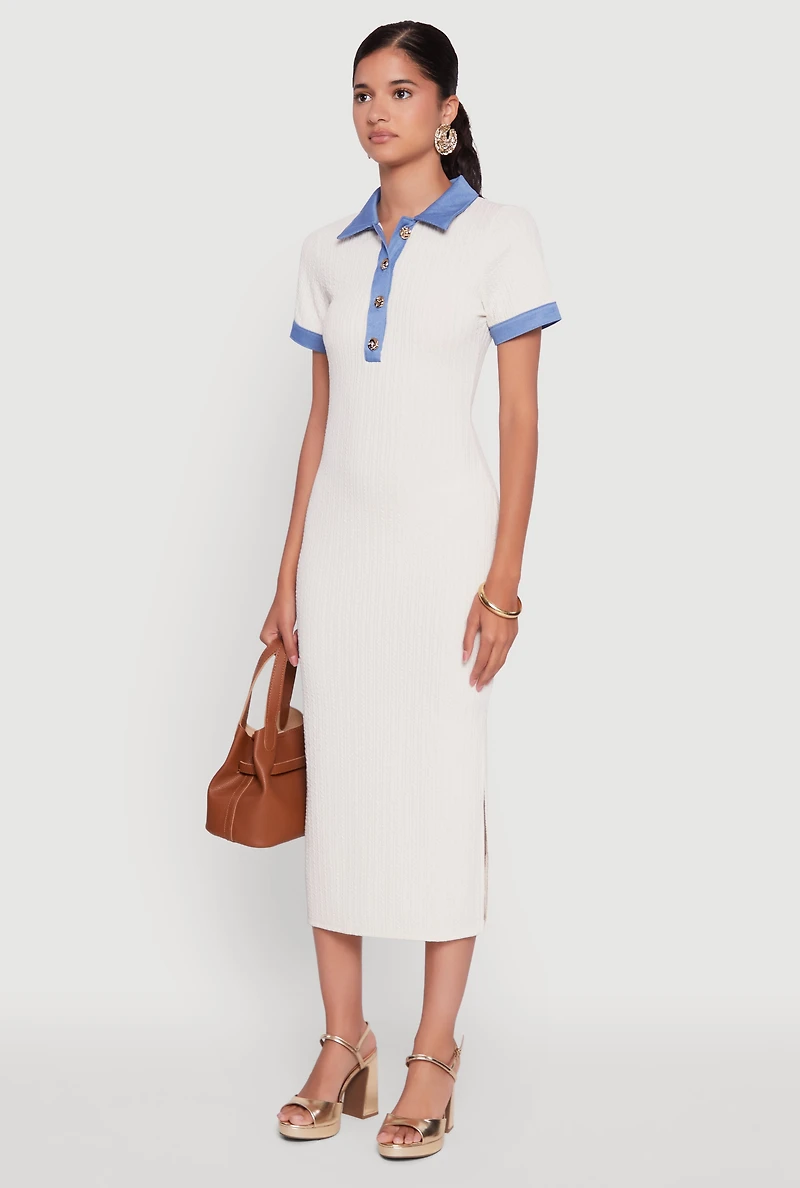 Womens Denim Trim Dress with Polo Collar and Side Slit, White, Size M