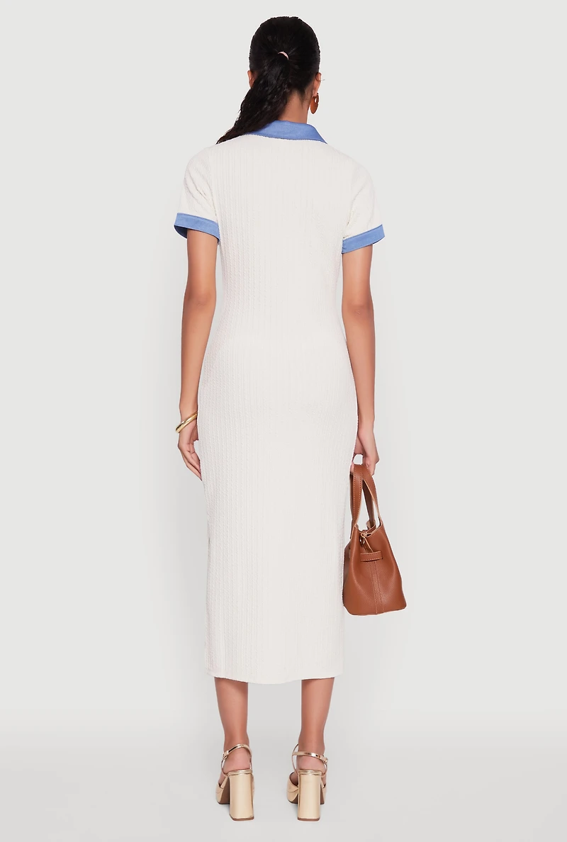 Womens Denim Trim Dress with Polo Collar and Side Slit, White, Size M