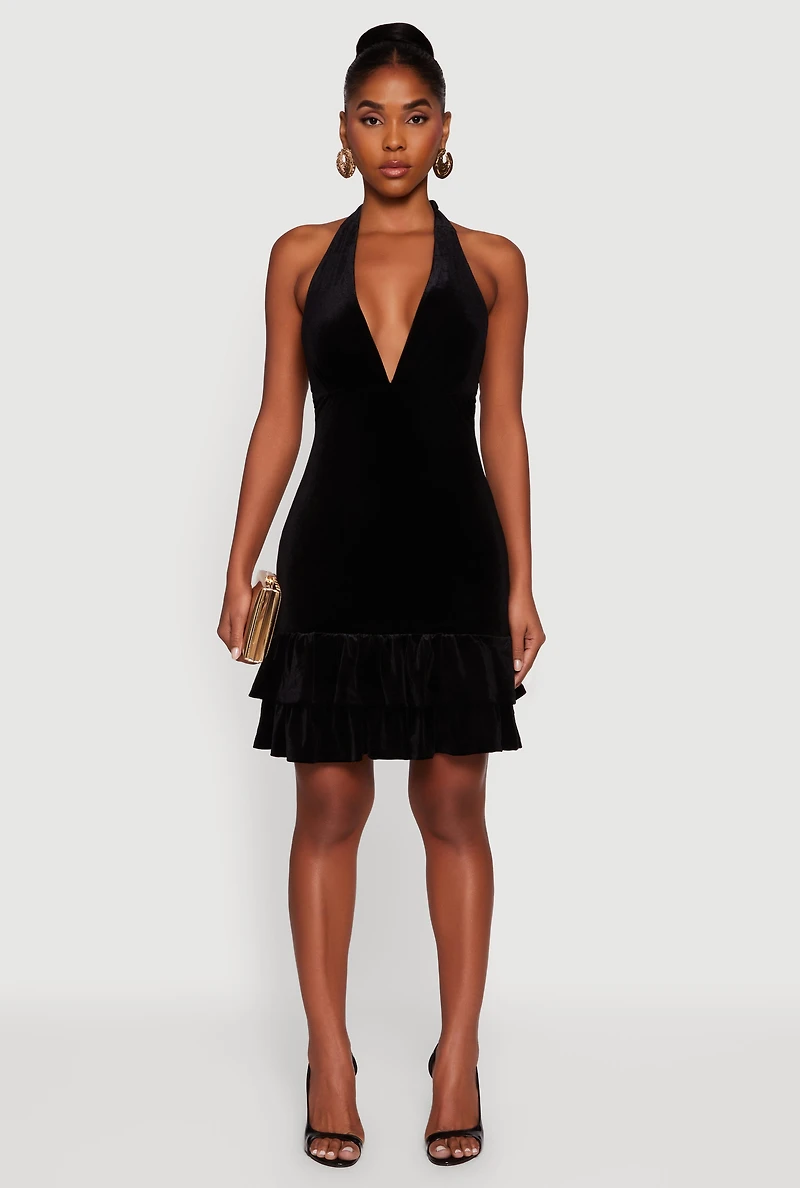 Womens Velvet Ruffle Tiered Tie Back Halter Dress, Black, Size M