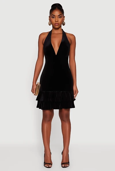 Womens Velvet Ruffle Tiered Tie Back Halter Dress, Black, Size M