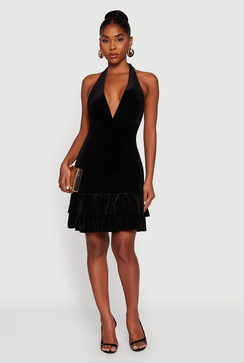 Velvet Ruffle Tiered Tie Back Halter Dress