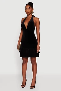 Womens Velvet Ruffle Tiered Tie Back Halter Dress, Black, Size M