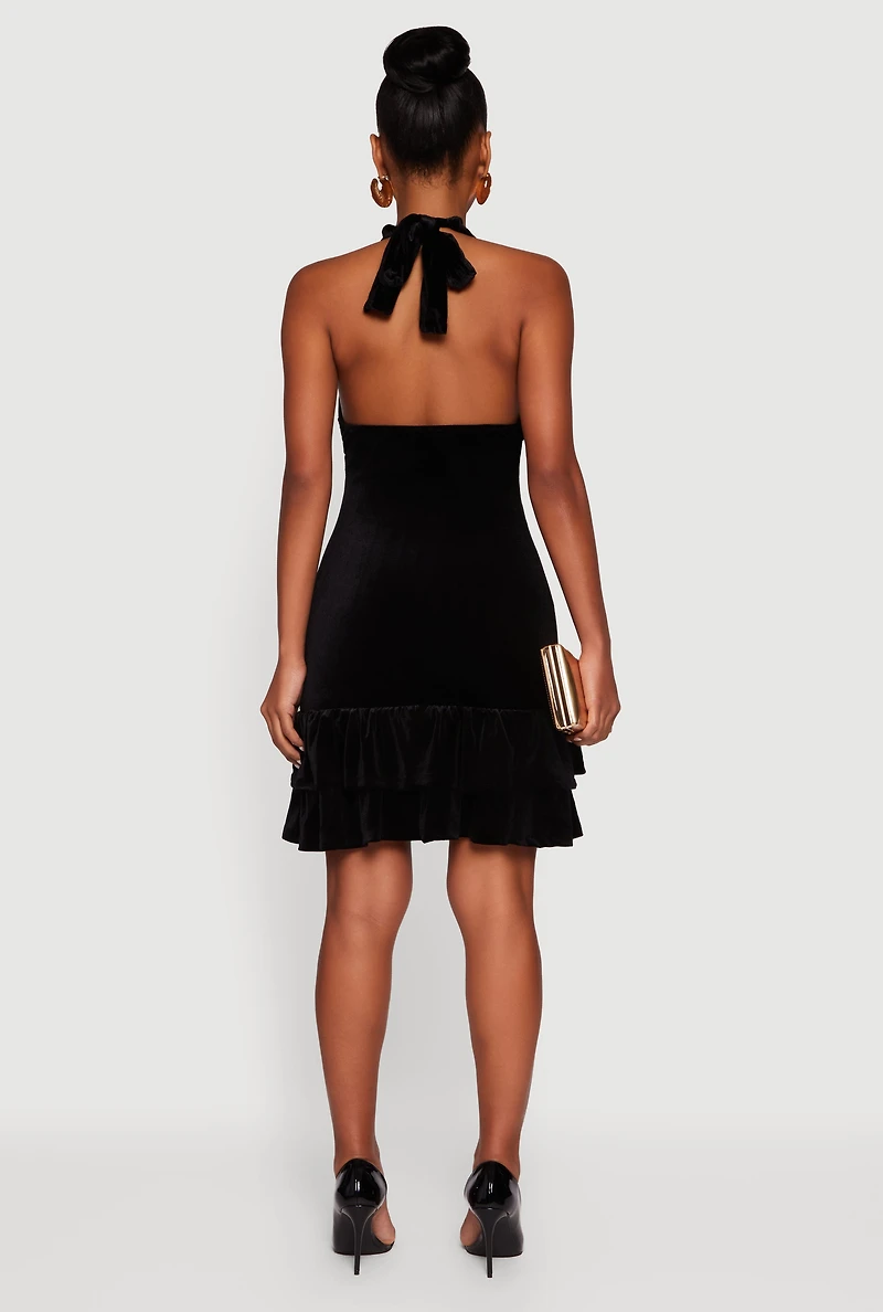 Womens Velvet Ruffle Tiered Tie Back Halter Dress, Black, Size M