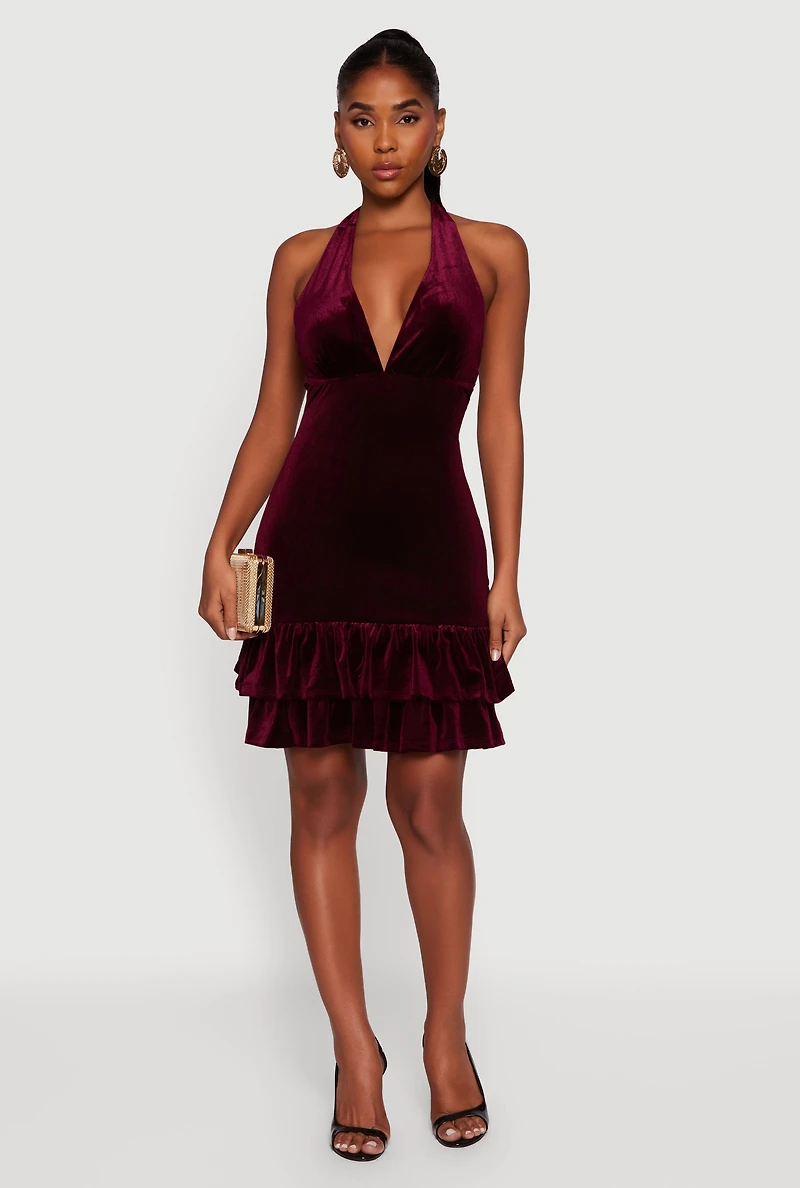 Womens Velvet Ruffle Tiered Tie Back Halter Dress, Burgundy, Size S