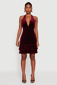Womens Velvet Ruffle Tiered Tie Back Halter Dress, Burgundy, Size S