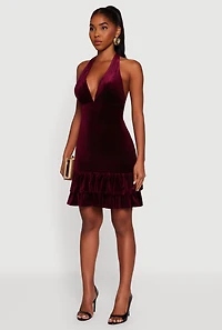 Womens Velvet Ruffle Tiered Tie Back Halter Dress, Burgundy, Size S