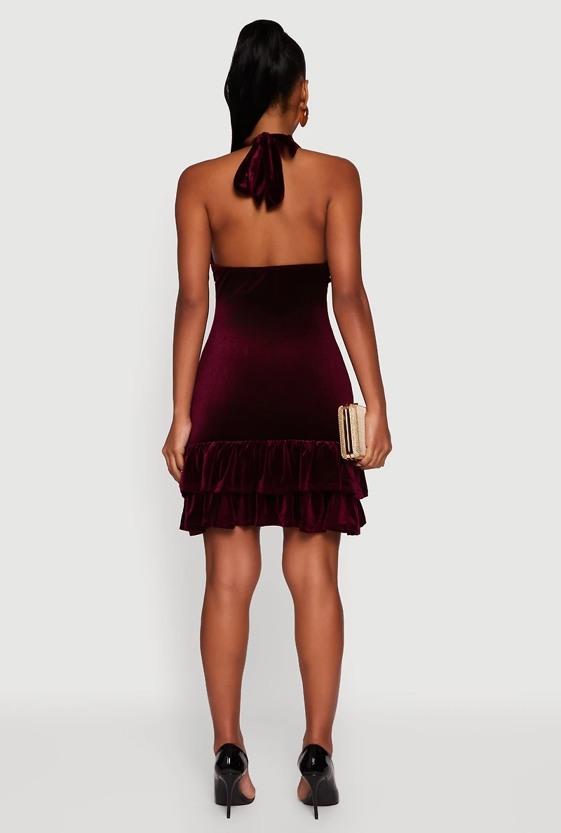 Womens Velvet Ruffle Tiered Tie Back Halter Dress, Burgundy, Size S